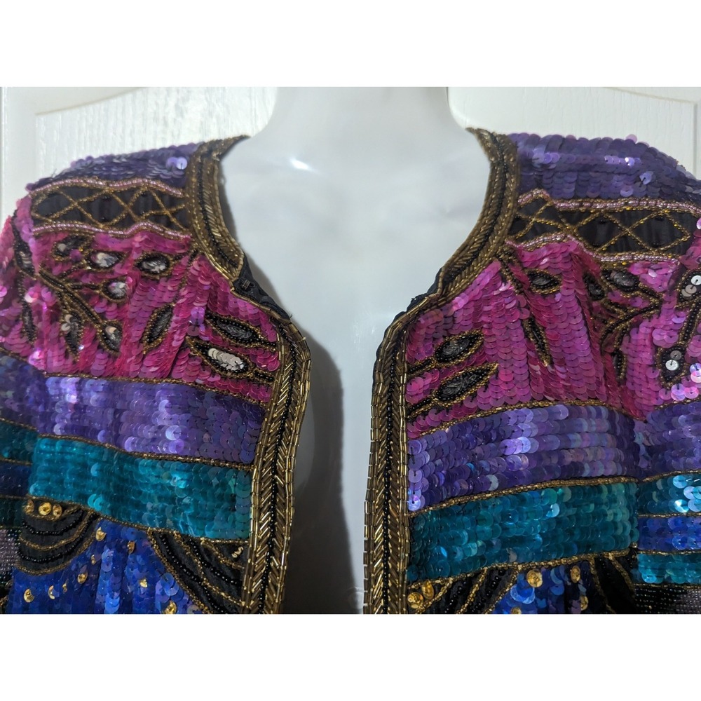 VINTAGE Leslie Fay Evenings  Jacket 100% Silk Beaded Sequined Small S 70's 80's - Picture 2 of 11